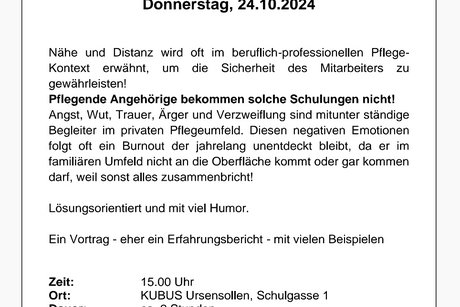 Ein Vortrag über Nähe und Distanz in der familiären Pflege - eher ein Erfahrungsbericht - mit vielen Beispielen