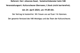 Der öffentliche Vortrag findet am 24. April 2024, um 19.00 Uhr in der Kulturscheune Obernsees (nicht barrrierefrei) statt