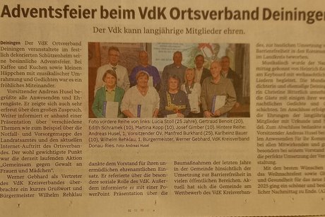 2024-12-01 OV Deiningen Adventsfeier - Ehrungen Zeitungsbericht