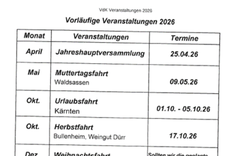 Vorl&auml;ufige Veranstaltungen 2026