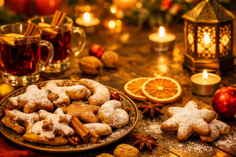 Nahaufnahme eines festlich gedeckten Holztisches mit Weihnachtsgebäck, Zimtstangen, getrockneten Orangenscheiben und brennenden Kerzen. Im Hintergrund leuchten warme Lichter und ein geschmückter Weihnachtsbaum