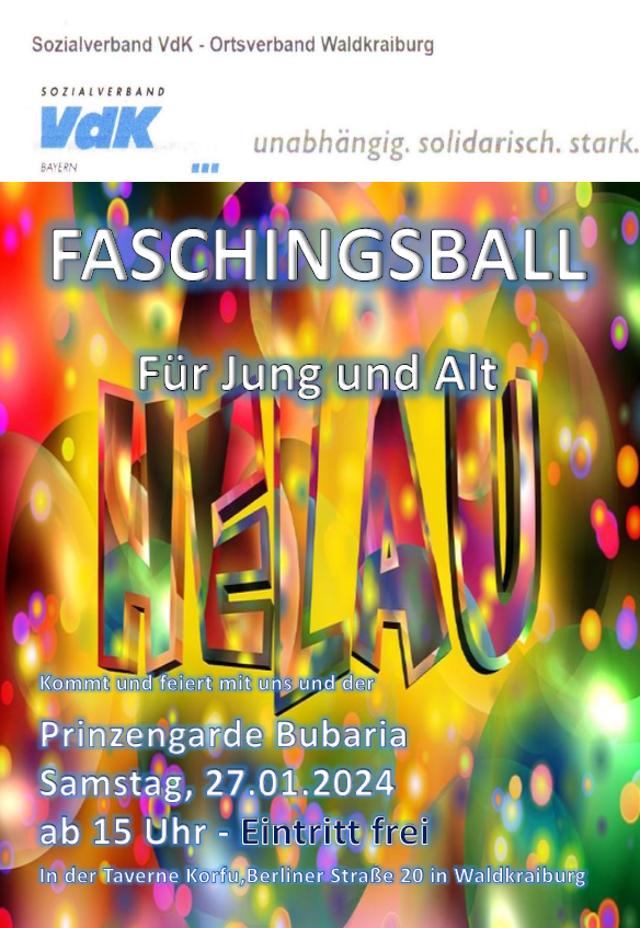 VdK Faschingsball, Samstag 27. Januar, ab 15Uhr in der Taverne Korfu, der Eintritt ist frei