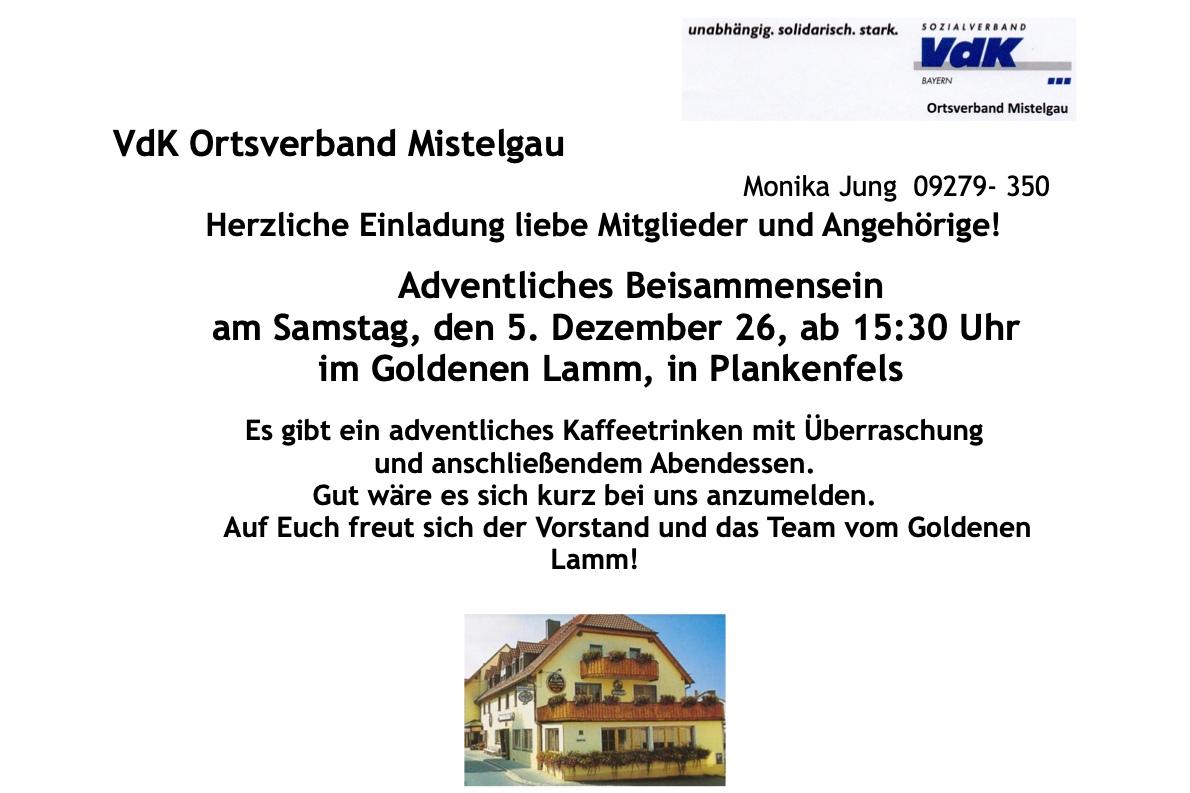 Es gibt ein adventliches Kaffeetrinken mit &Uuml;berraschung und anschlie&szlig;endem Abendessen.