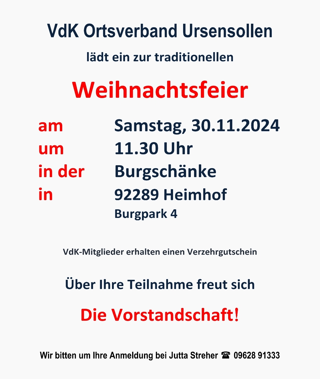 Einladung zur VdK Weihnachtsfeier in der Burgschänke in Heimhof am 30.11.2024