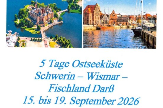 VdK Reise Ostseeküste 2026 Schweriner Schloss, Wismar Stadthafen, Doberaner Münster, Strand Darß