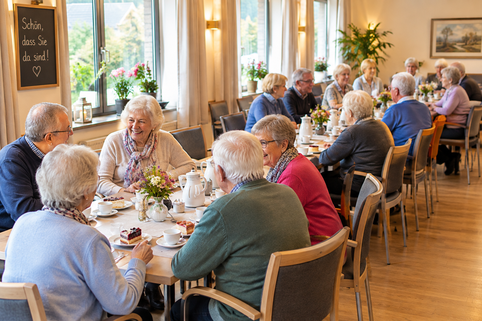 Kaffeetreff für SeniorenInnen vier Senioren sitzen in einem Café und sind bei Kaffee und Kuchen im Gespräch