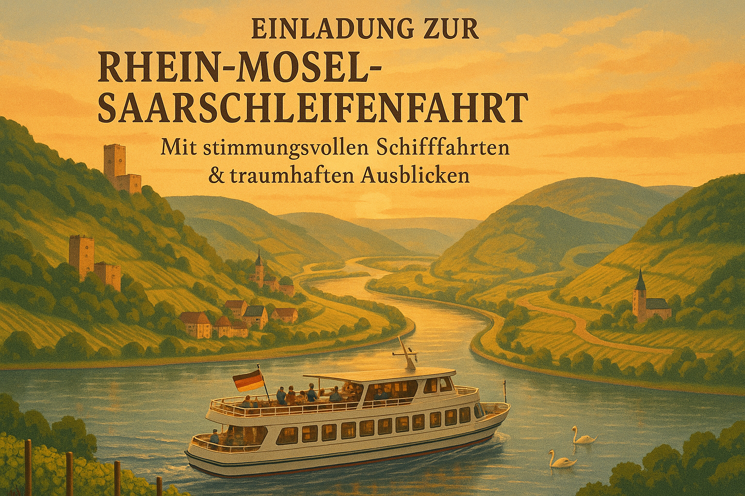Einladung zur Rhein-Mosel-Saarschleifenfahrt Bild mit Fluss, Schiff, Weinbergen, Burg, Städtchen, Weinreben und Schwänen.