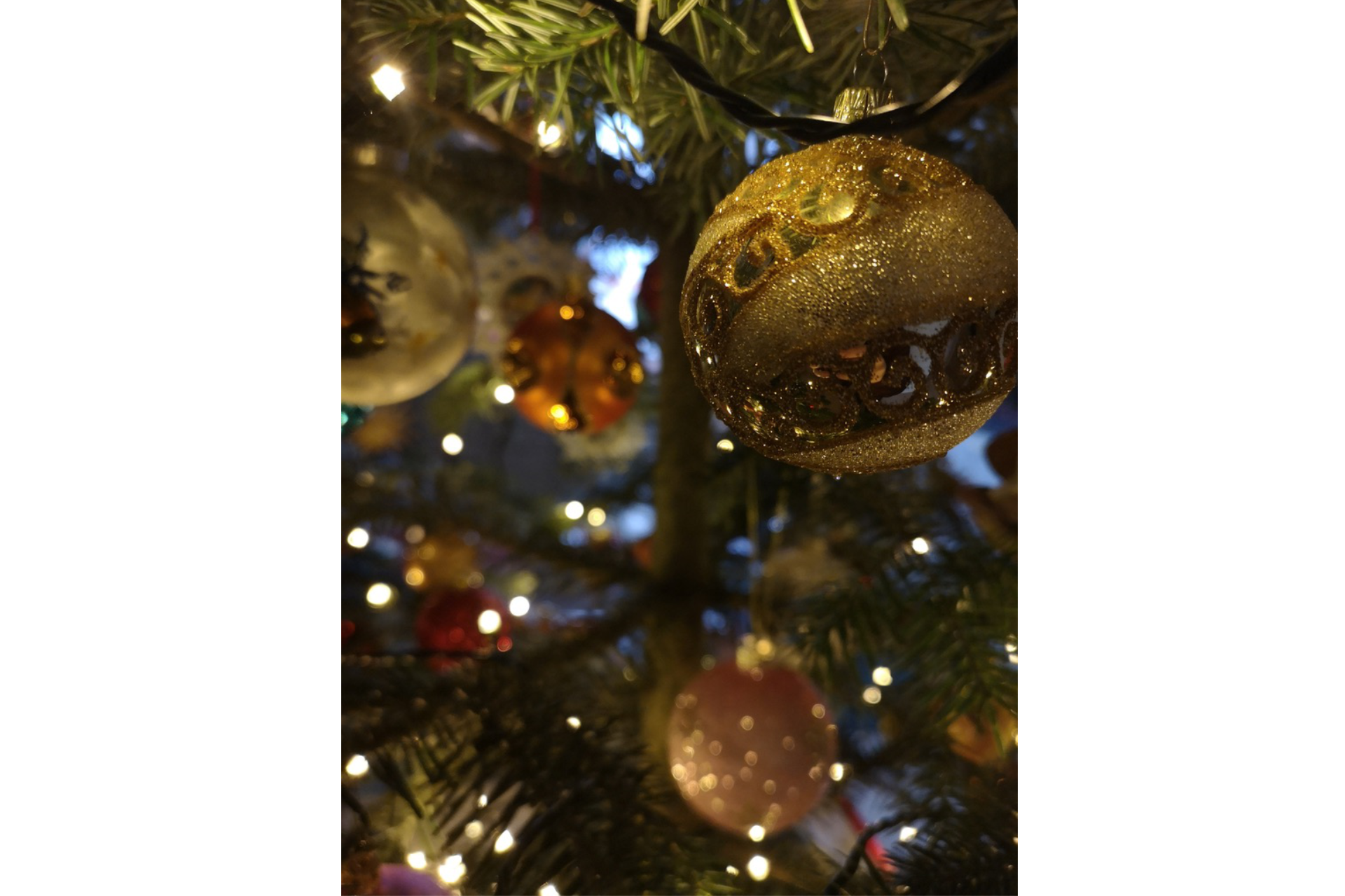 Golden glänzen die Kugeln am Weihnachtsbaum.