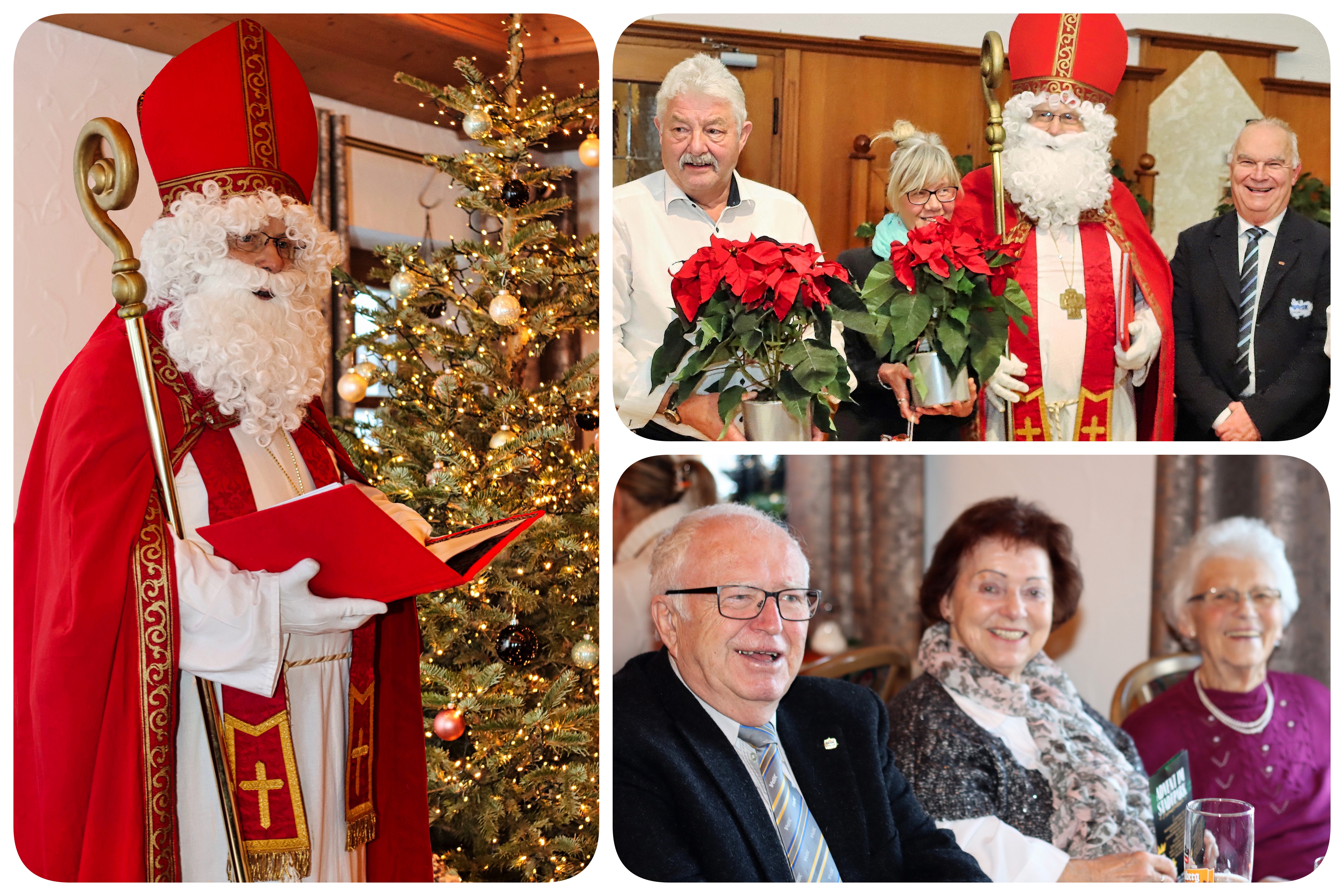 (l.) Der Vorsitzende als Nikolaus (re. o.) HwH-Sammler und Kreisvorsitzender Josef Fürst mit dem Nikolaus (re. u.) Ehrenvorsitzender Detlev Boese und weitere Gäste der Weihnachtsfeier 2023