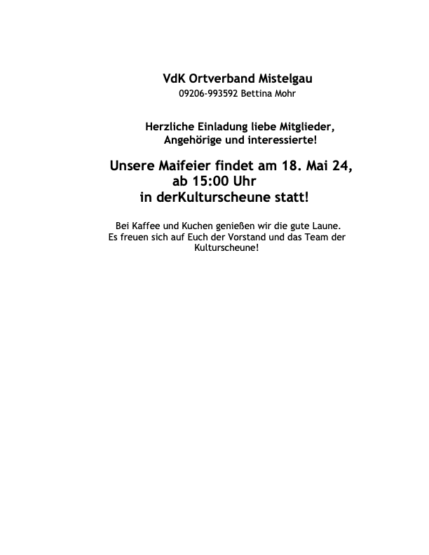 Der Ortsverband Mistelgau lädt zur Maifeier am 18.05.2024 in Obernsees ein.