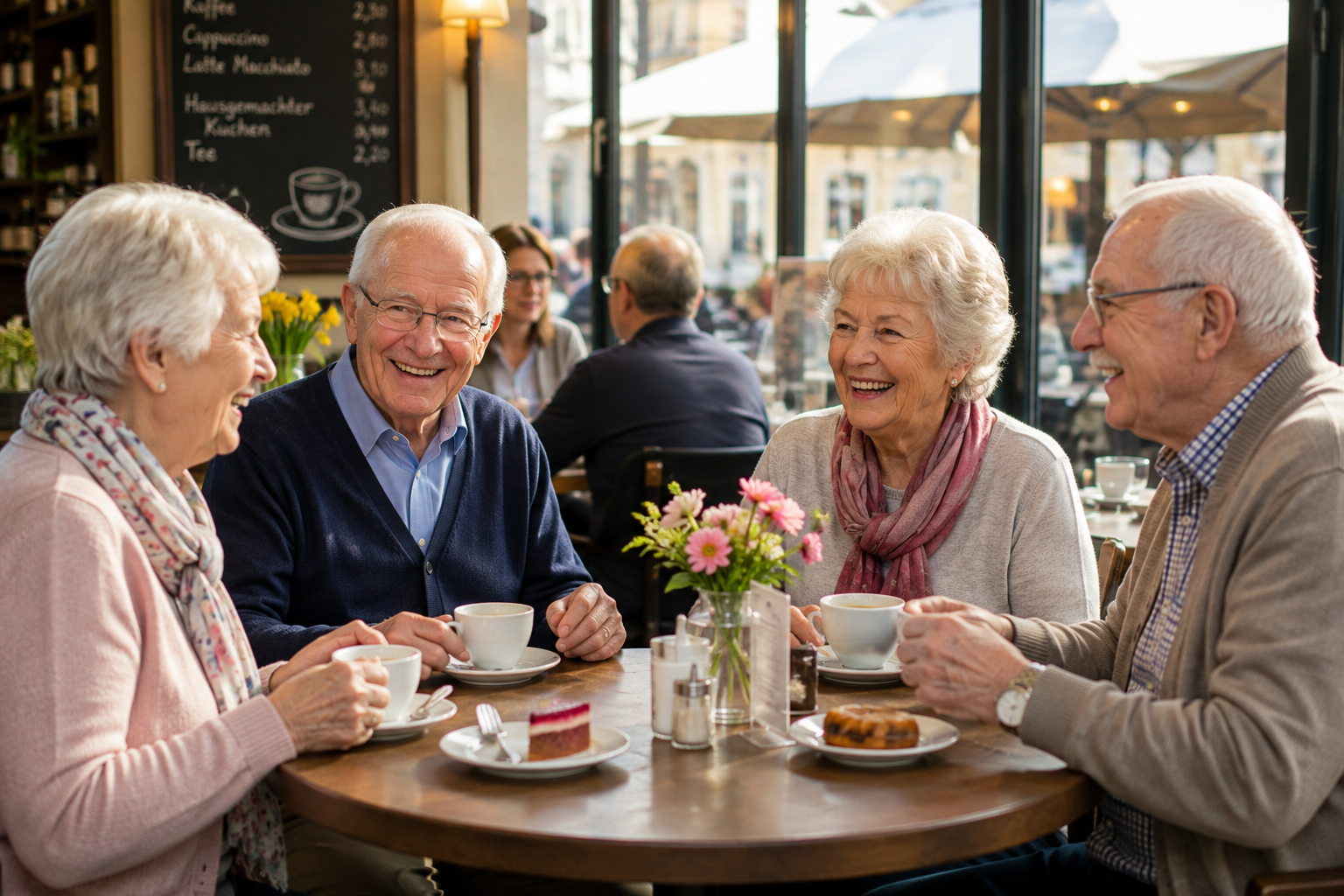 Kaffeetreff für SeniorenInnen vier Senioren sitzen in einem Café und sind bei Kaffee und Kuchen im Gespräch