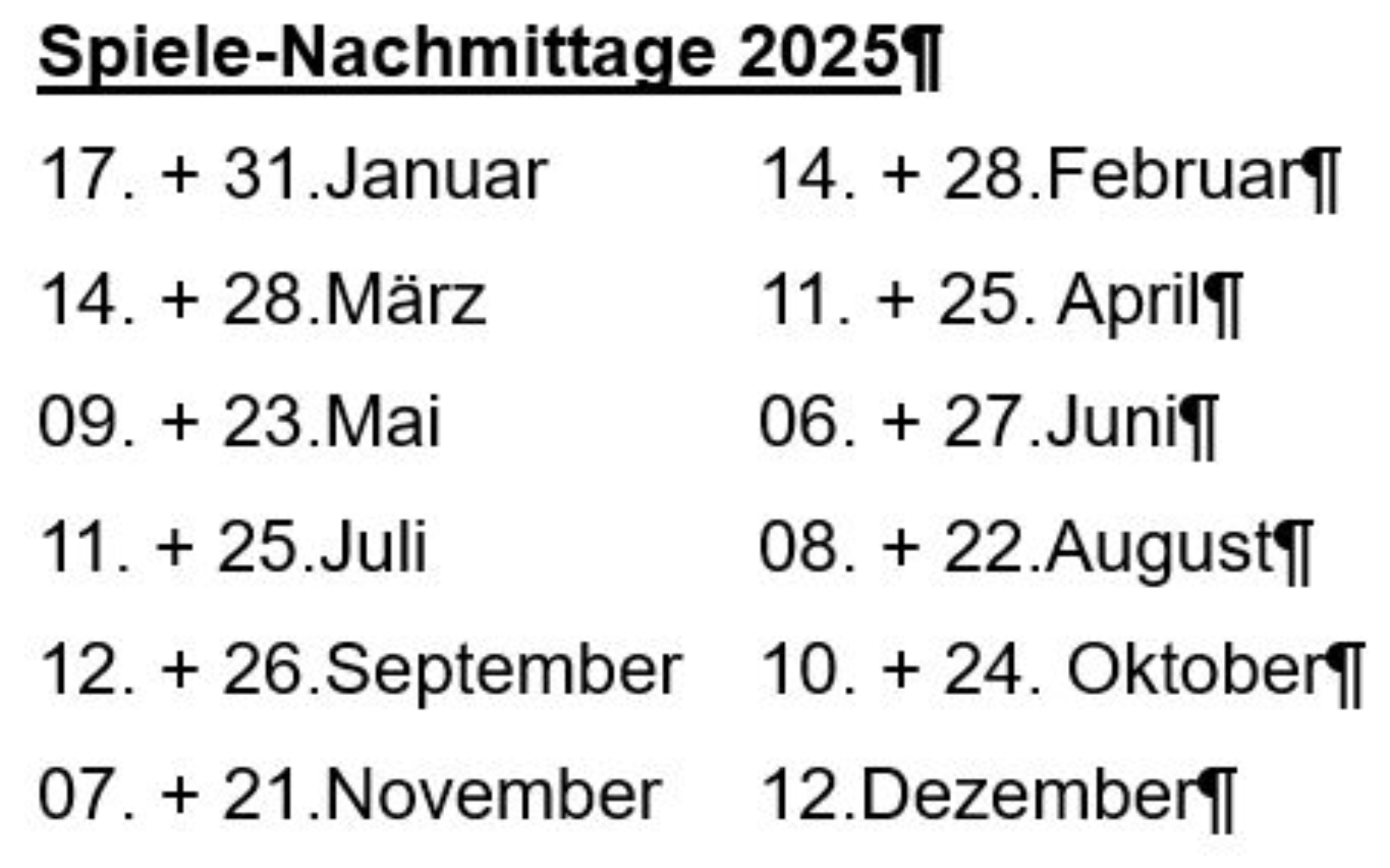 Termine der Spiele-Nachmittage in 2025