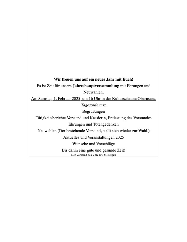 Die Jahreshauptversammlung 2025 findet am Samstag 1. Februar 2025, um 16 Uhr in der Kulturscheune Obernsees statt.