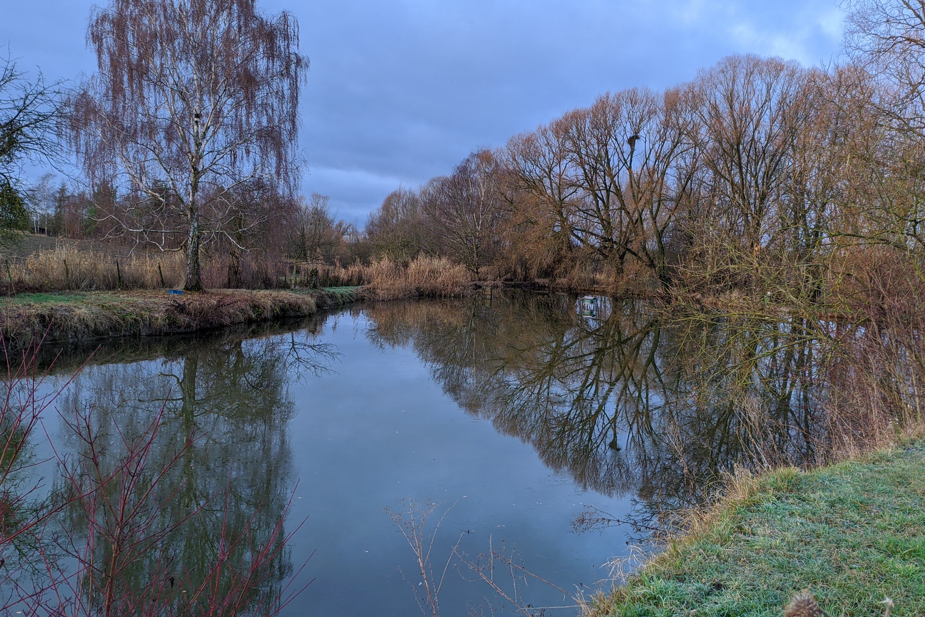Natur im Steigerwald Ein Bild von einem kleinen See mit blauem Himmel