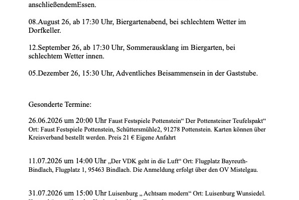 Veranstaltungstermine des VDK OV Mistelgau für 2026. Veranstaltungsort ist „Das Goldene Lamm in Plankenfels“. Veranstaltungstermine des VDK OV Mistelgau für 2026. Veranstaltungsort ist „Das Goldene Lamm in Plankenfels“.