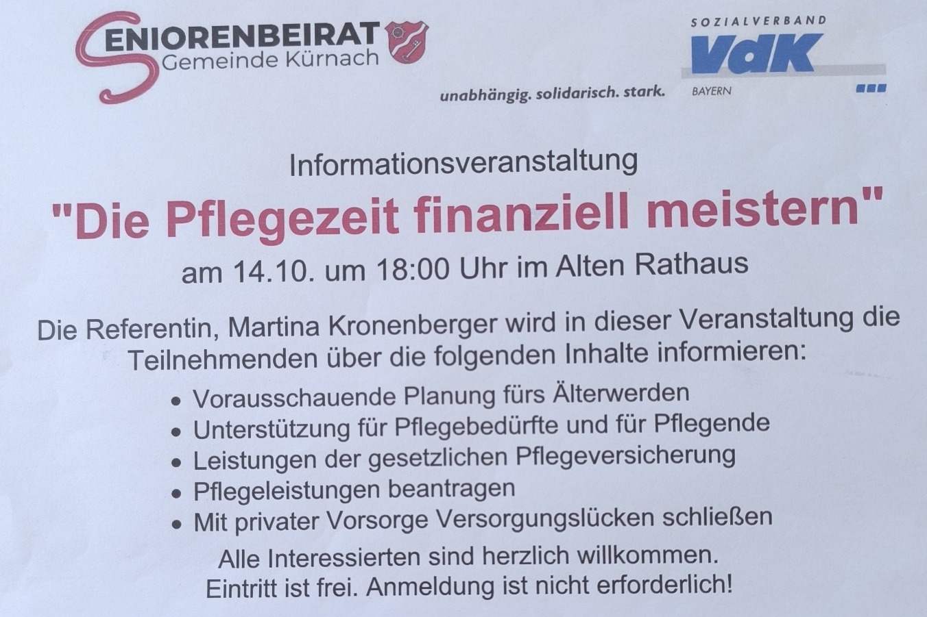 Fachvortrag "Die Pflegezeit finanziell meistern"