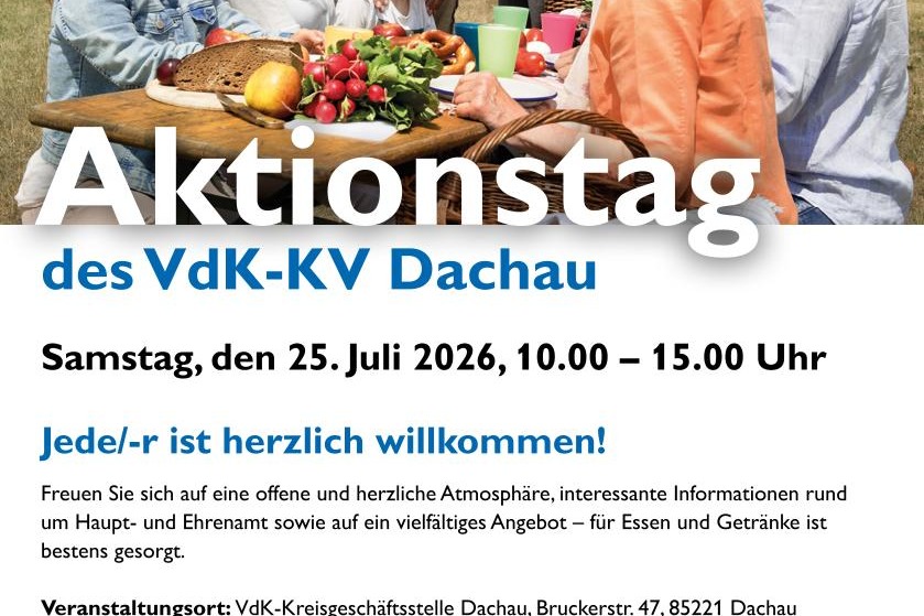 Die Eckpunkte des Aktionstages werden genannt. Also Samstag, 25.07.2026, 10:00 Uhr bis 15:00 Uhr in und vor der Kreisgesch&auml;ftsstelle. Auf dem Bild sitzen Menschen bei einer bayerischen Brotzeit um einen Tisch.