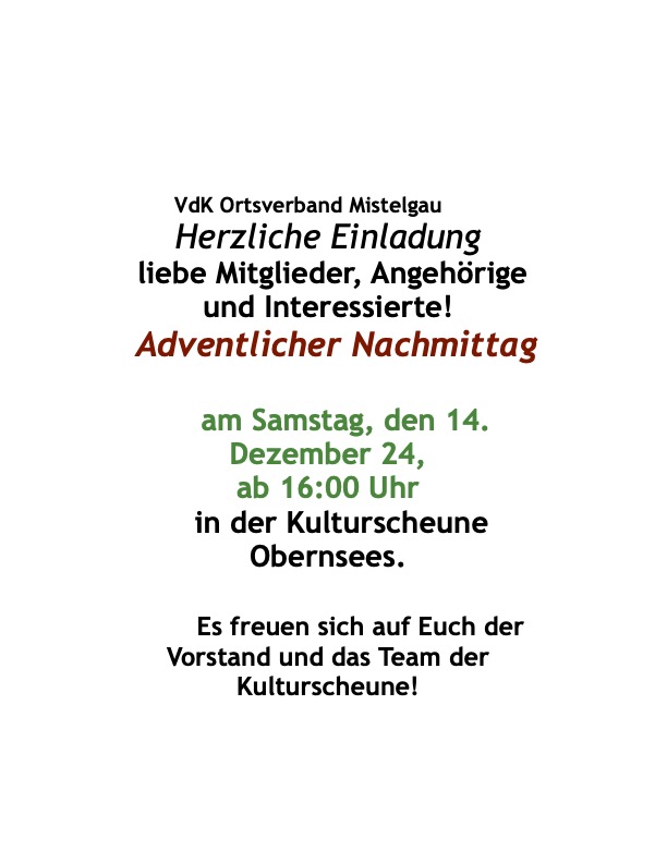 Einladung zum adventliche Nachmittag am 14. Dezember 2024