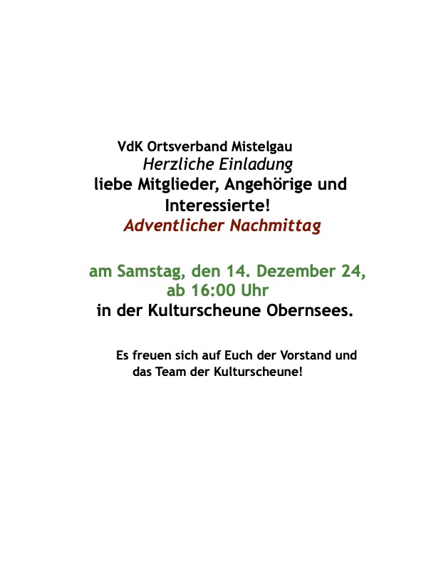 Einladung zum adventliche Nachmittag am 14. Dezember 2024