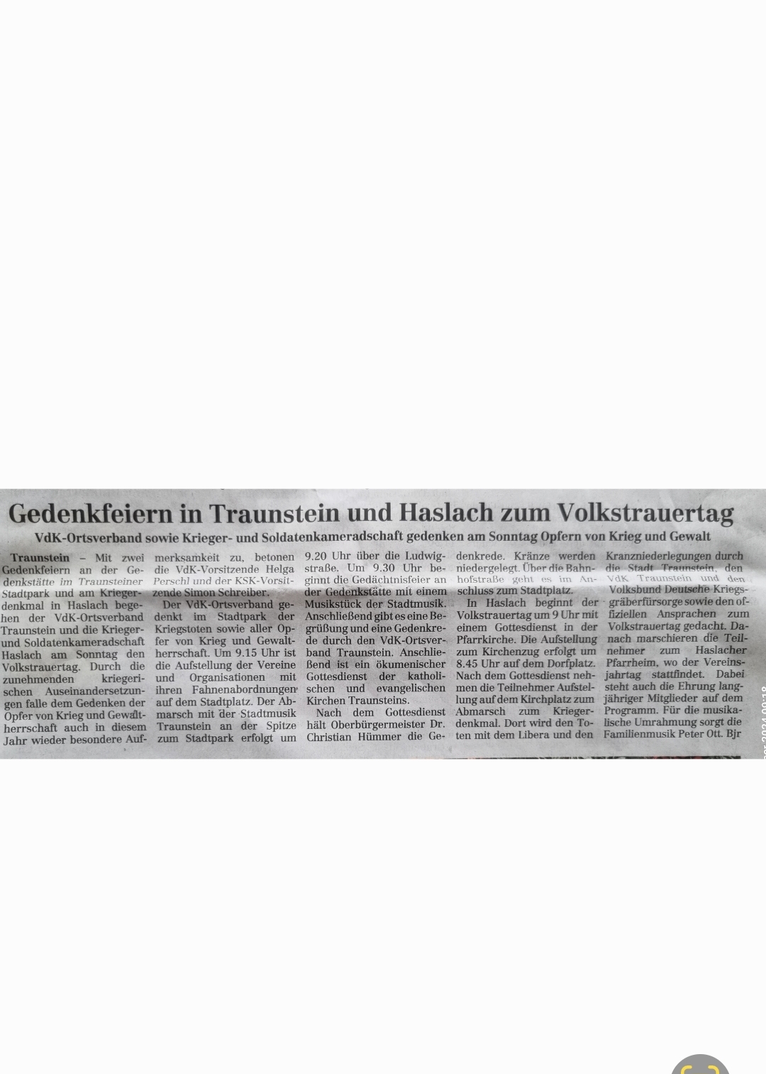 Auf dem Bild sieht man den Zeitungsartikel zum Volkstrauertrag am Sonntag 18.11.2024 in Traunstein und Haslach