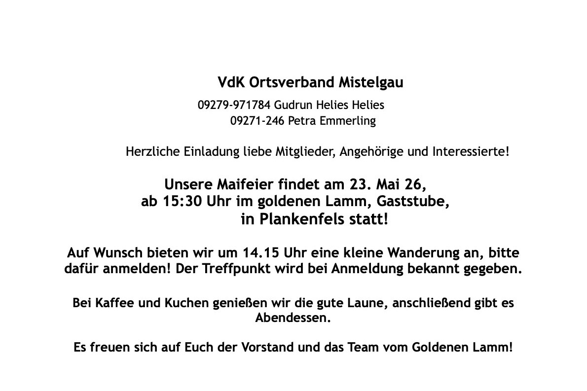 Die Maifeier findet am 23. Mai 26, ab 15:30 Uhr im goldenen Lamm, Gaststube, in Plankenfels statt