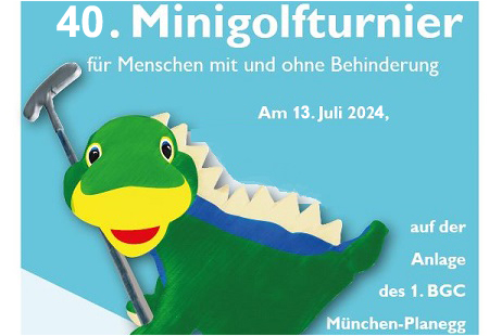 Bild zeigt Minigolf-Maskottchen Valentin und das Datum des 40. Inklusiven Minigolfturnier - 13.07.2024