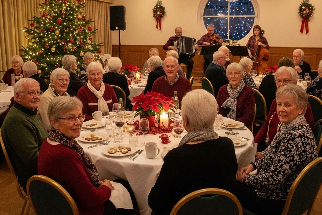 Eine Gruppe älterer Menschen sitzt festlich gekleidet an runden Tischen in einem großen Saal.