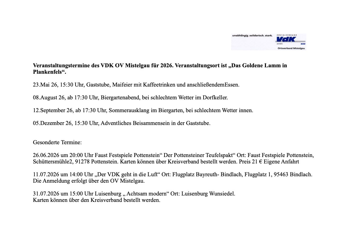 Veranstaltungstermine des VDK OV Mistelgau f&uuml;r 2026. Veranstaltungsort ist &bdquo;Das Goldene Lamm in Plankenfels&ldquo;.
