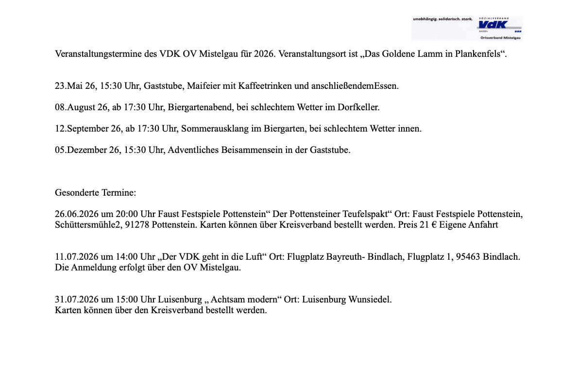 Terminen vom Kreisverband Bayreuth: