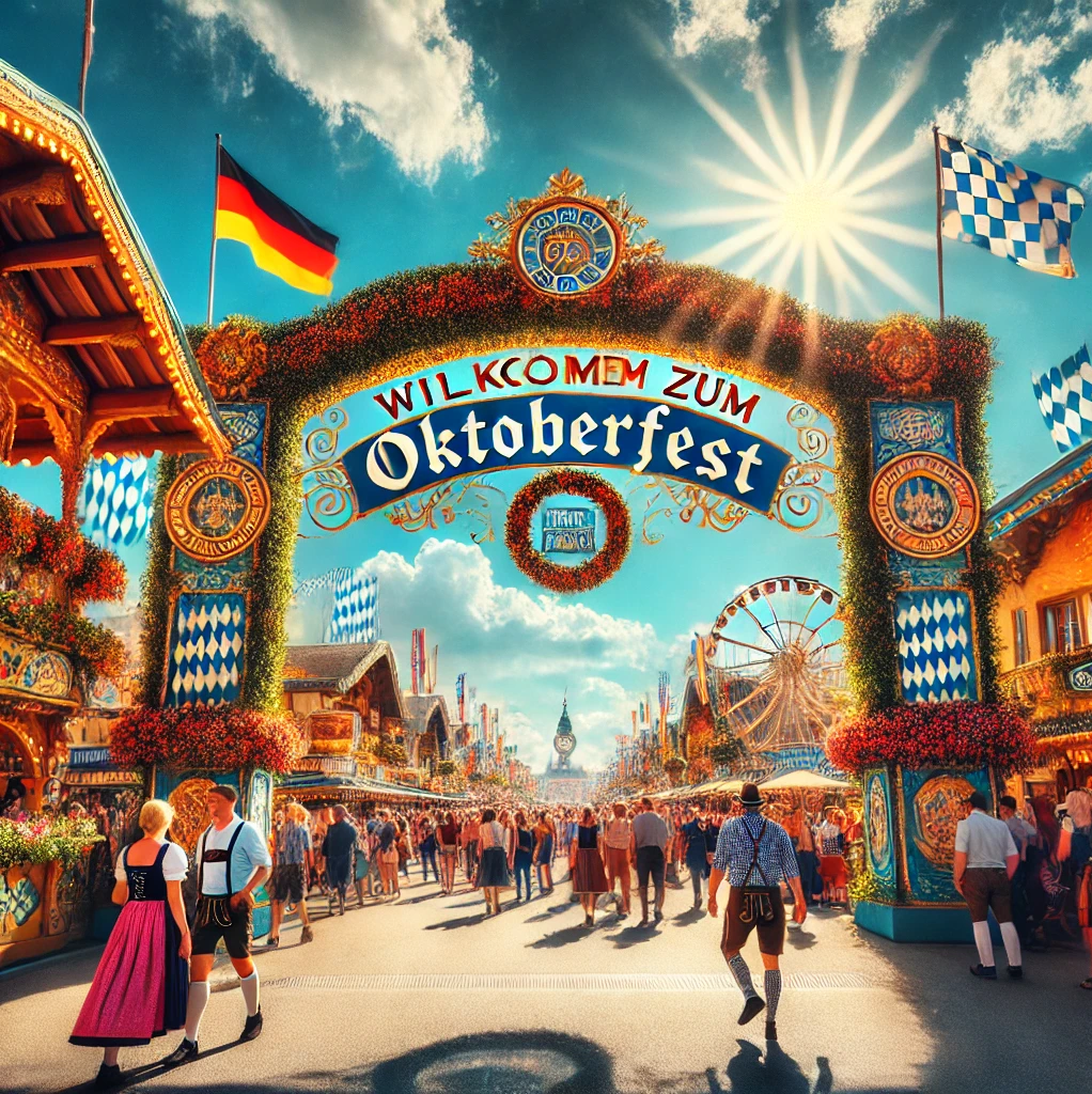 Haupteingang zum Oktoberfest mit Menschen, die hineingehen. Ein Schild mit 'Willkommen zum Oktoberfest' hängt am Torbogen. Im Hintergrund blauer Himmel und die Sonne blinkt rechts oben.