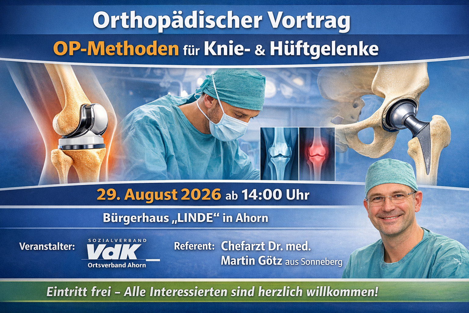 schemenhafte darstellung von Knie- und H&uuml;ftgelenke mit Operierenden Person einen l&auml;chelden Phantomarzt schriftlich B&uuml;rgerhaus Linde am 29.August 2026 um 14:Uhr