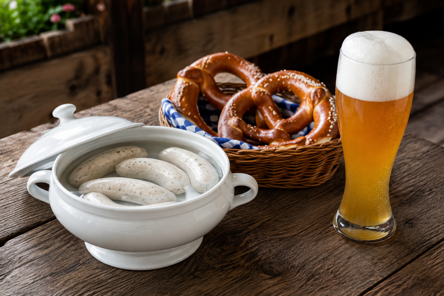 Brezn, Wei&szlig;w&uuml;rste im Topf und ein gut gef&uuml;lltes Wei&szlig;bierglas auf einem rustikalen Holztisch
