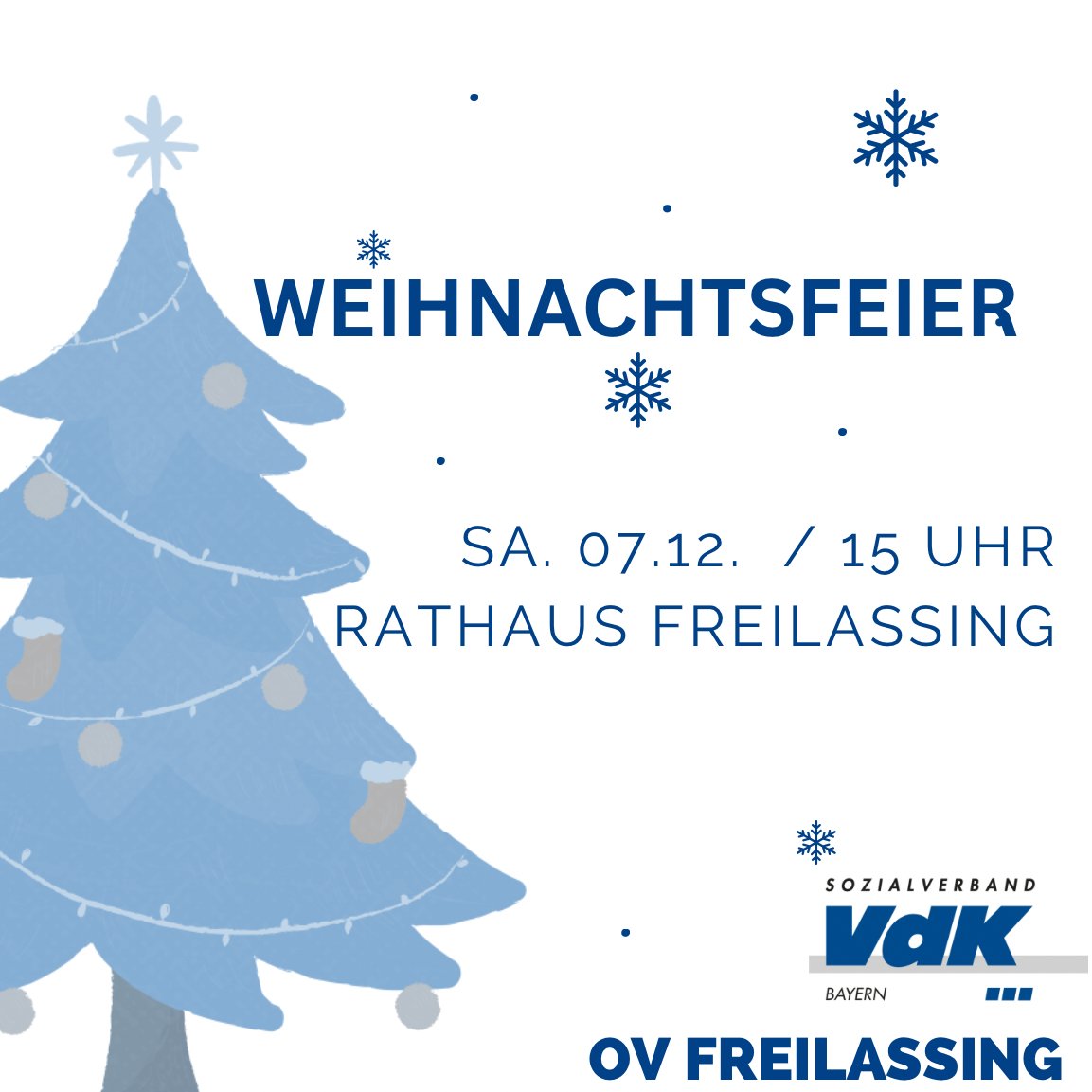 Weihnachtsfeier Flyer Weisblaues Bild mit Text: Weihnachtsfeier und Datum