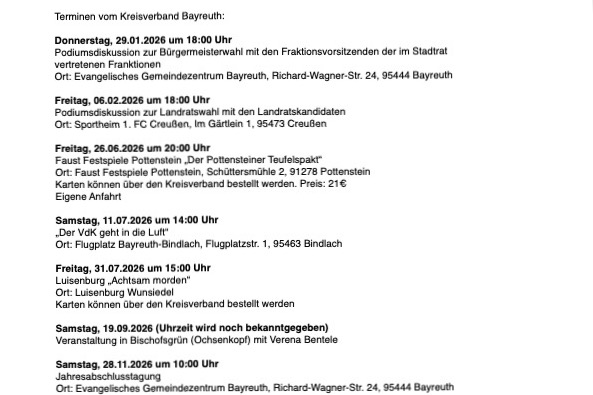 Terminen vom Ortsverband Bayreuth f&uuml;r das Jahr 2026