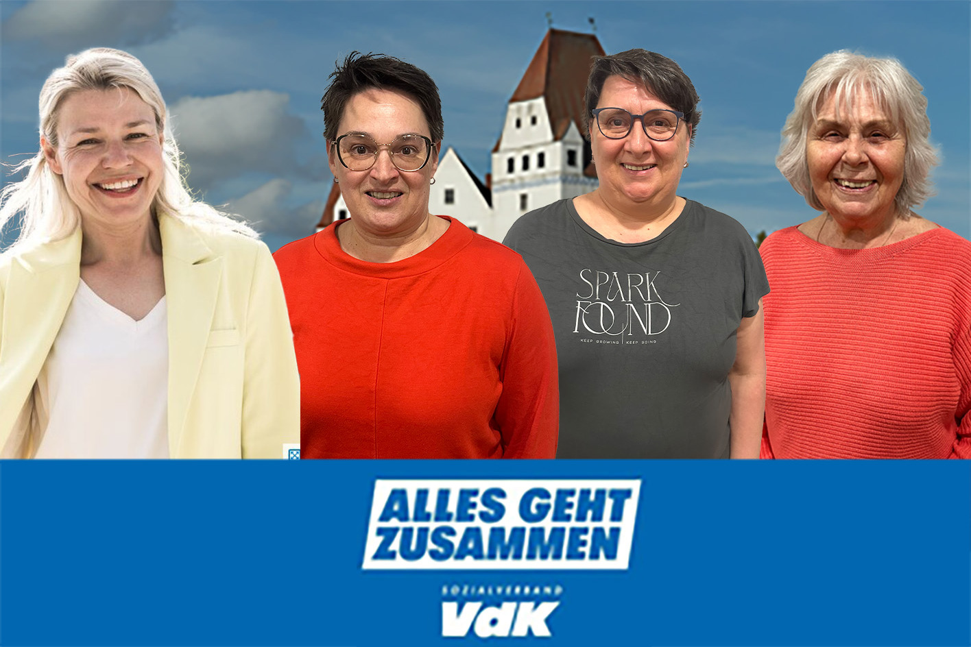 Im Hintergrund sieht man einen kleinen Teil vom Turm des Schlo&szlig; Ingolstadt. unten ist en VDK LOGO mitdm Slogan: Alles geht zusammen.