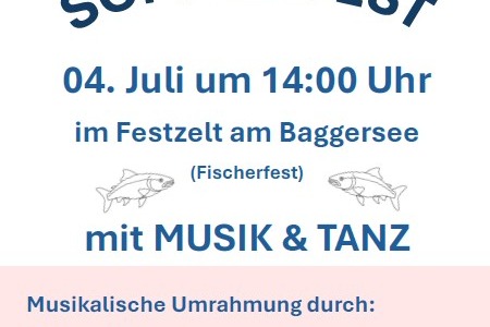 Plakat Einladung zum VdK Sommerfest am 04.07.2026 um 14 Uhr im Festzelt am Baggersee (Fischerfest) mit Musik und Tanz und musikalischer Umrahmung durch Steirer-Wahnsinn