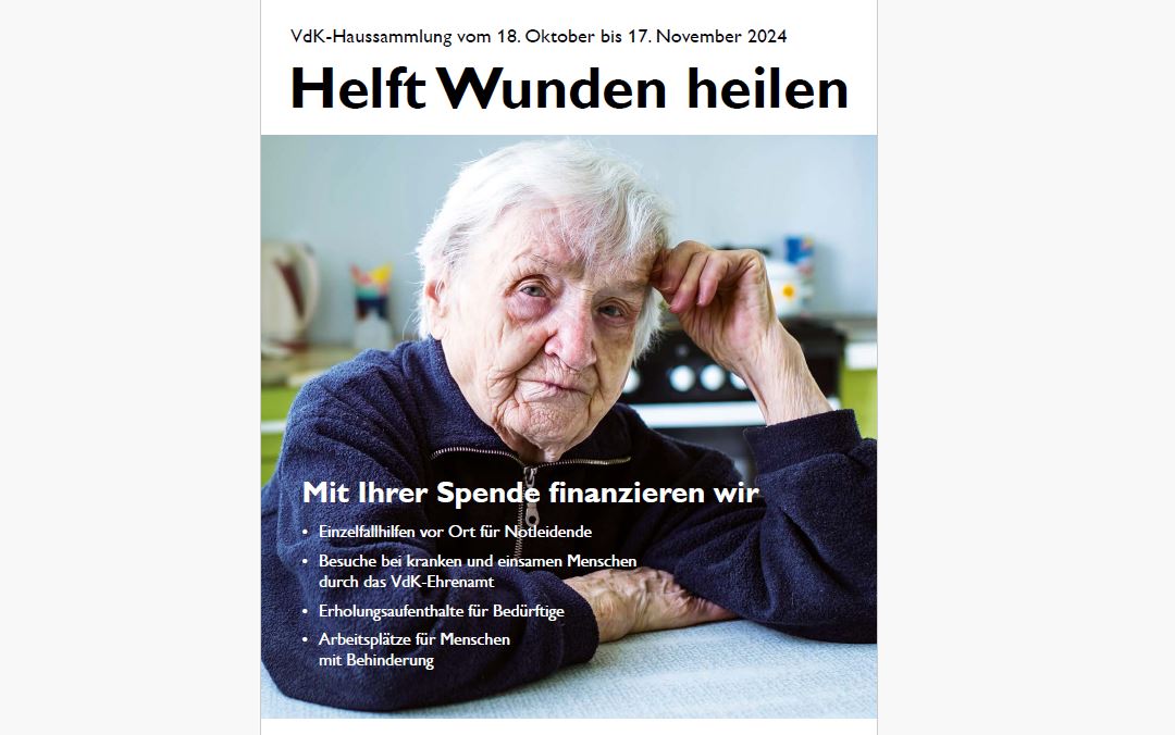 Das Plakat ist das Bildmotiv für die diesjährige Spendenaktion "Helft Wunden heilen". Darauf ist das Bild einer Seniorin und die Termine für die Aktion.