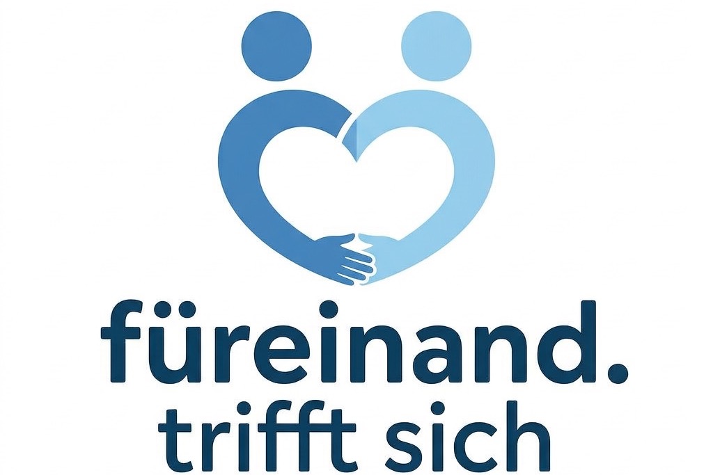 weisser Hintergrund, zwei Menschen stilisiert zu einem Herz in blau, darunter &bdquo;f&uuml;reinand. trifft sich&ldquo; Schriftzug