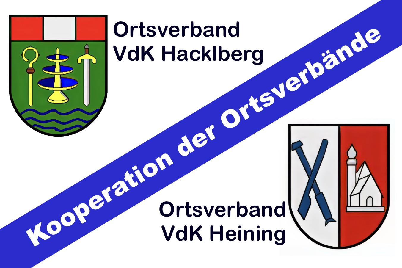 Das Bild zeigt den Text "Kooperation der Ortsverb&auml;nde" und die Stadtwappen der VdK-Ortsverb&auml;nde Hacklberg und Heining