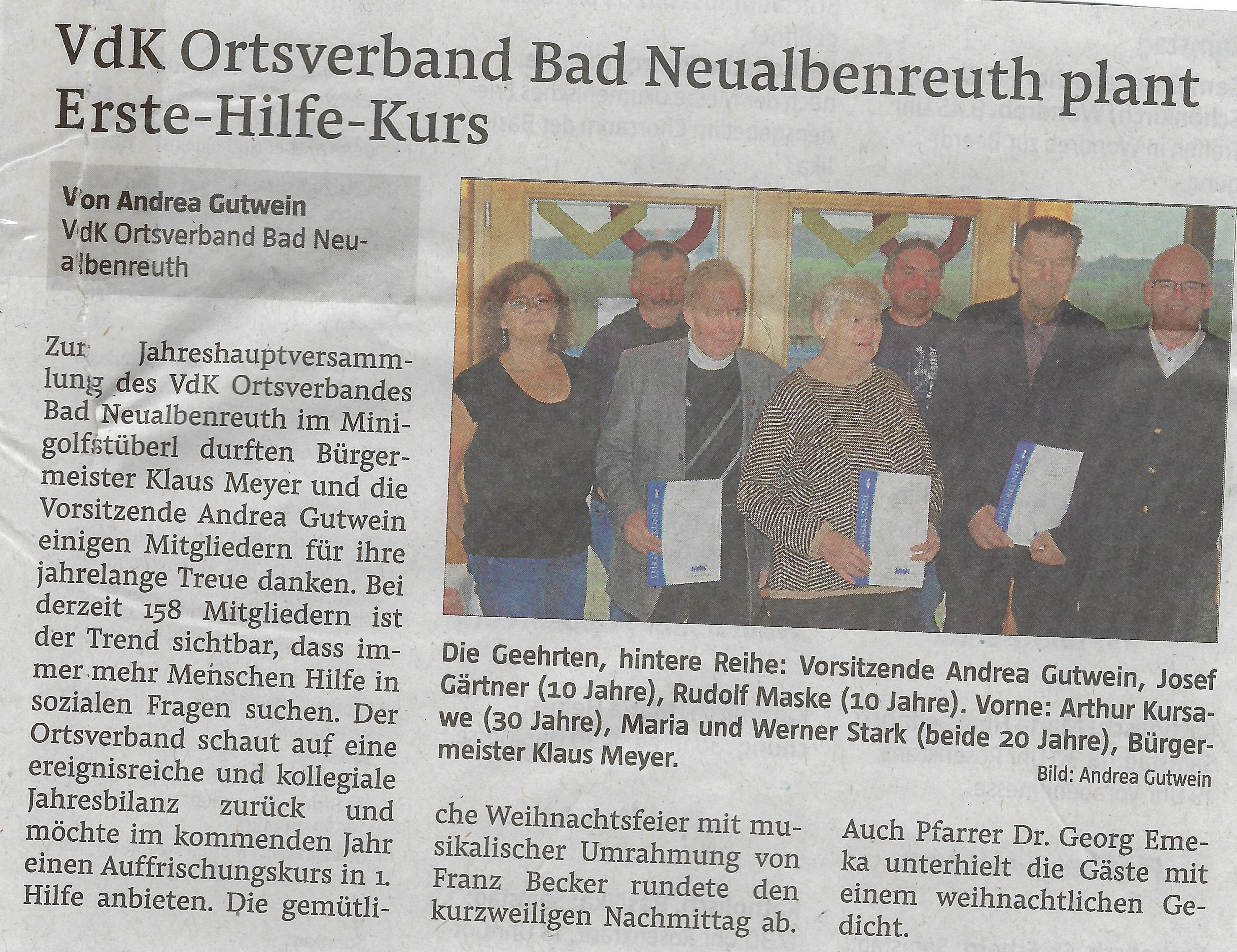 VdK Bad Neualbenreuth - Jahreshauptversammlung mit Weihnachtsfeier