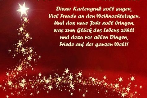 Weihnachtsgrüße Eine Weihnachtsgruß auf rotem Hintergrund, links eine Illustration aus goldgläzenden Sternen als Weihnachtsbaum mit einem Weihnachtstext.