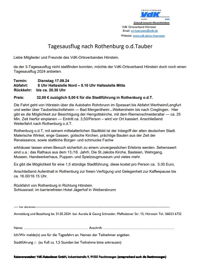 Anmeldung und Bezahlung bis 31.05.2024 bei: Aurelia & Georg Schneider, Pfaffstättner Str. 15, Hörstein Tel.: 06023 6732