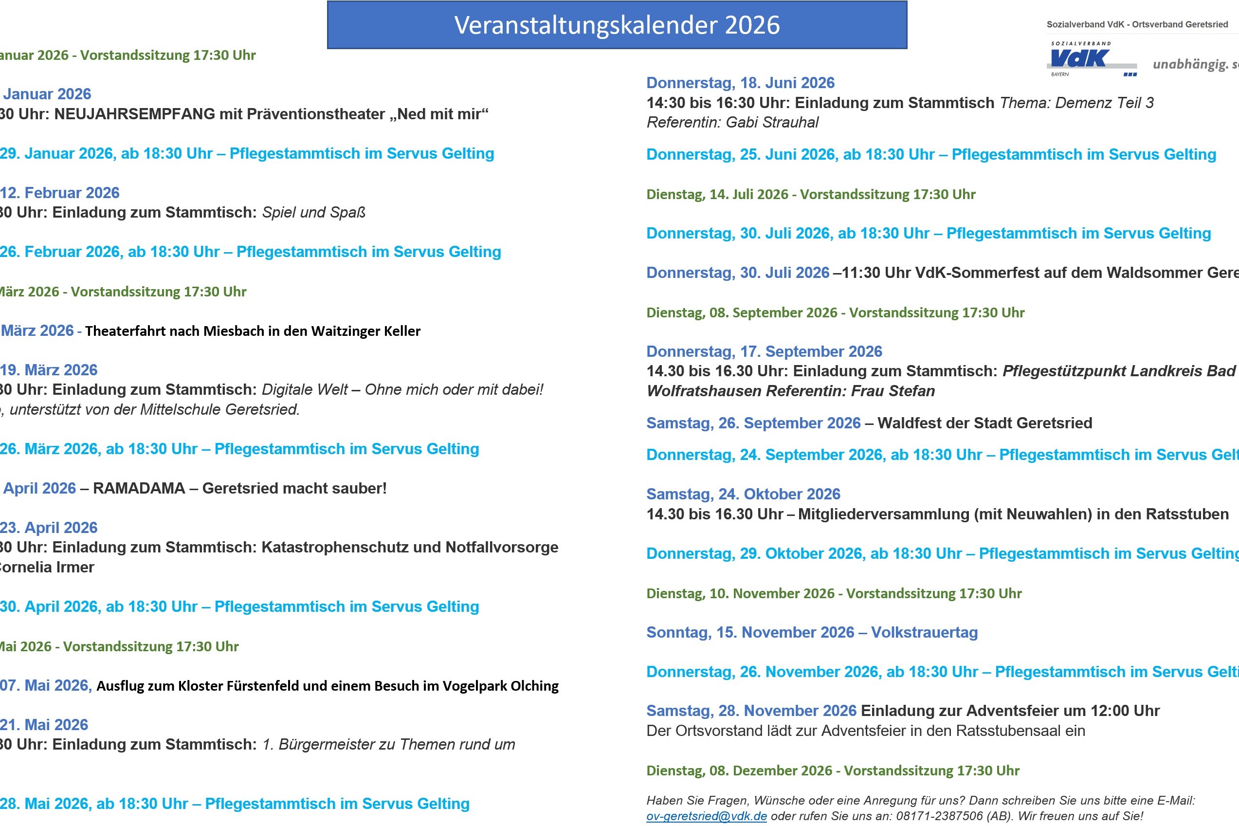 Veranstaltungskalender 2026