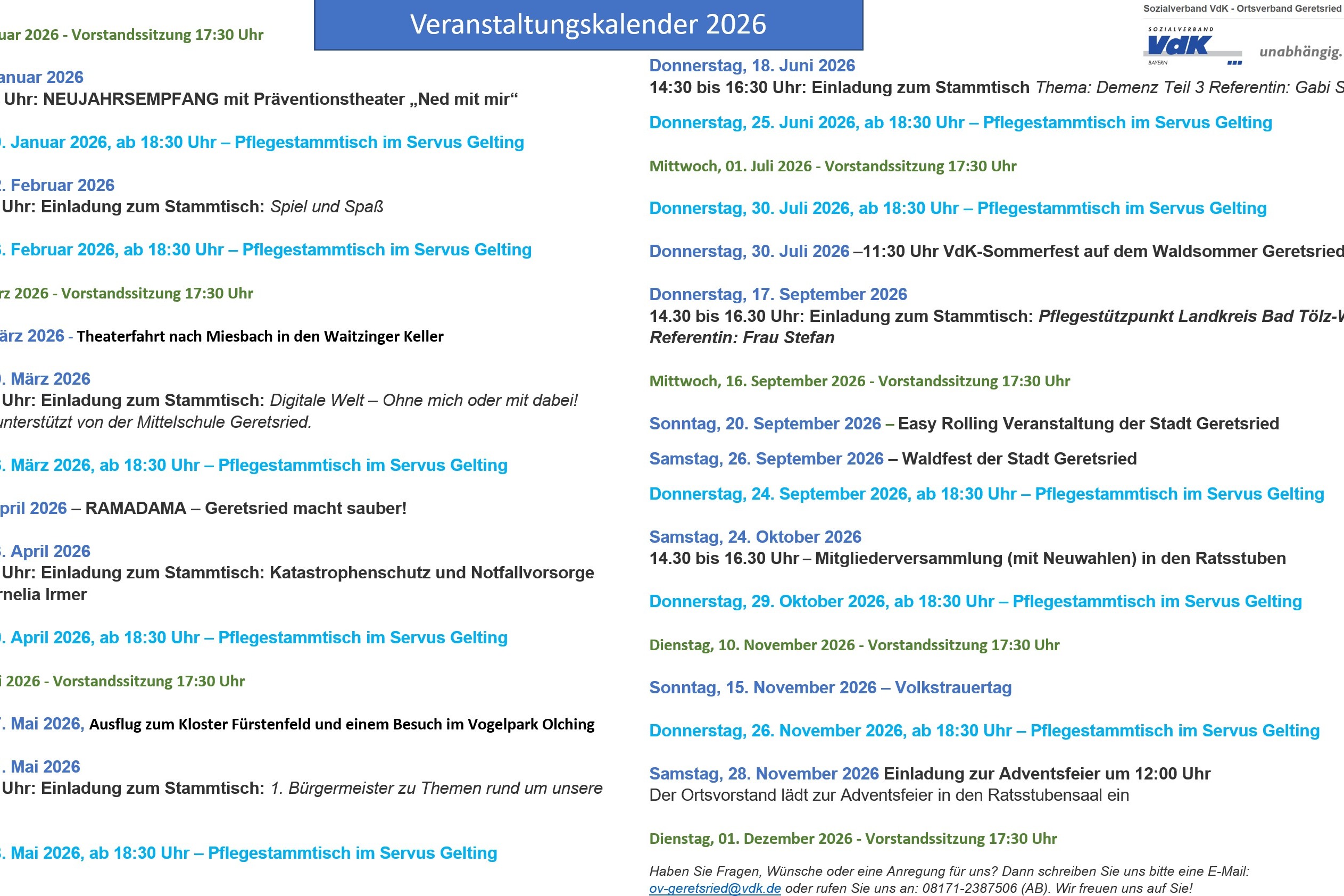 Veranstaltungskalender 2026