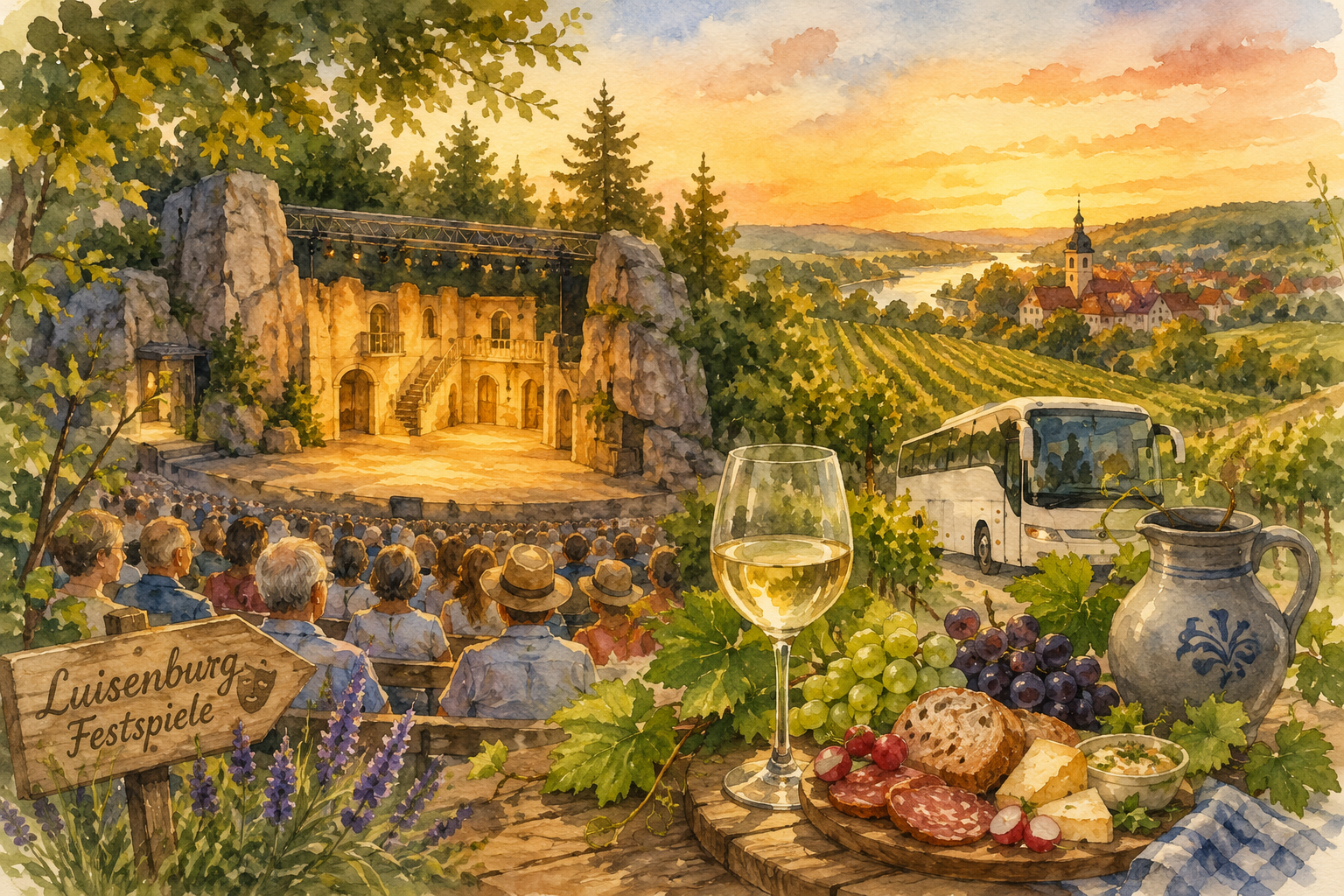 eine stimmungsvolle Freilichtb&uuml;hne am Sommerabend, Zuschauerreihen, leicht festlicher Atmosph&auml;re. Erg&auml;nzend: angedeutete fr&auml;nkische Elemente wie Weinberge, Weinglas oder ein gem&uuml;tlicher Brotzeittisch