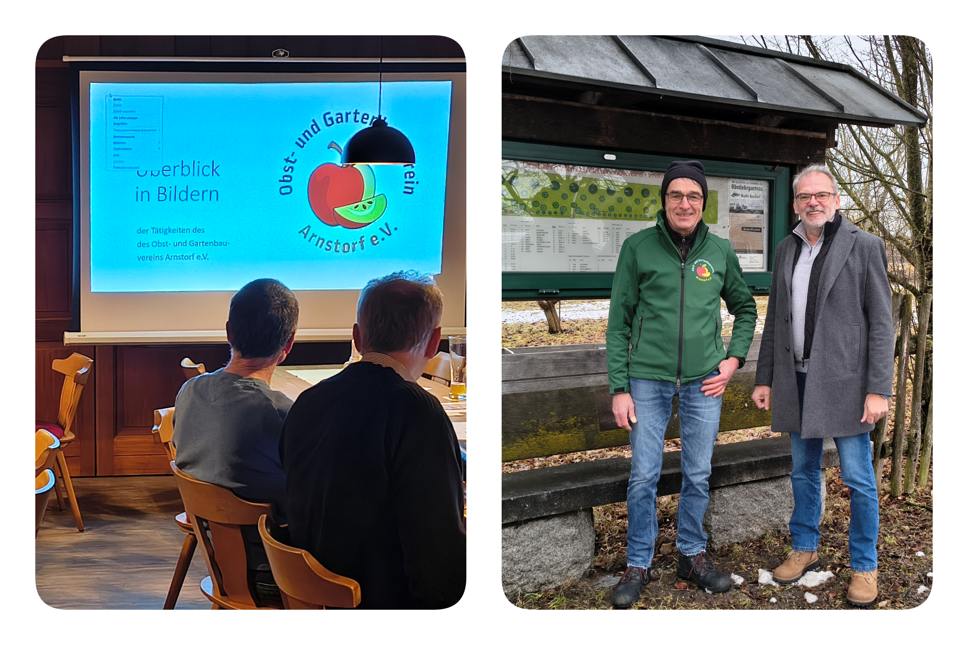 zu sehen ist der Vortrag am Stammtisch des VdK sowie Xaver Pongratz und Josef Koll am Obstlehrgarten