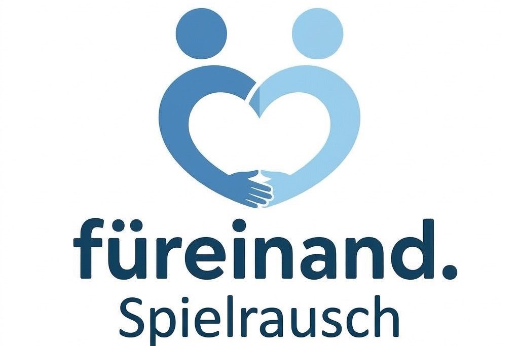 Weisser hintergrund, in blau zwei stilisierte Menschen als Herz, darunter Schriftzug f&uuml;reinand. Spielrausch